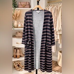 LuLaRoe Sarah Cardigan Duster Striped Gray Pink Long Open Front Size M